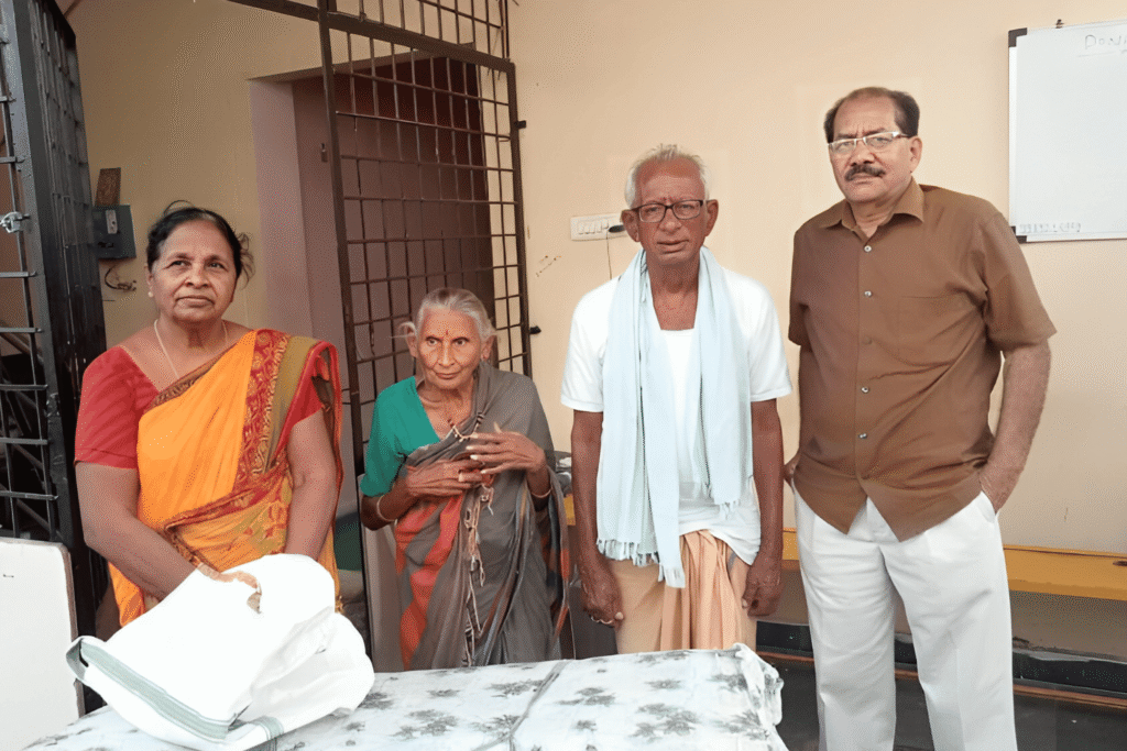 Group of elderly and volunteers at charity facility